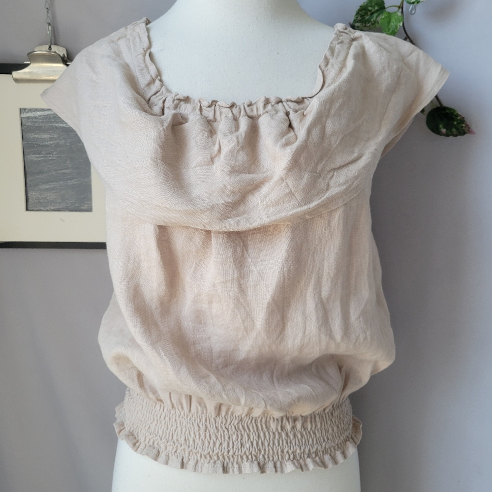 Isona Linen Design Smocked Top Tan S‎